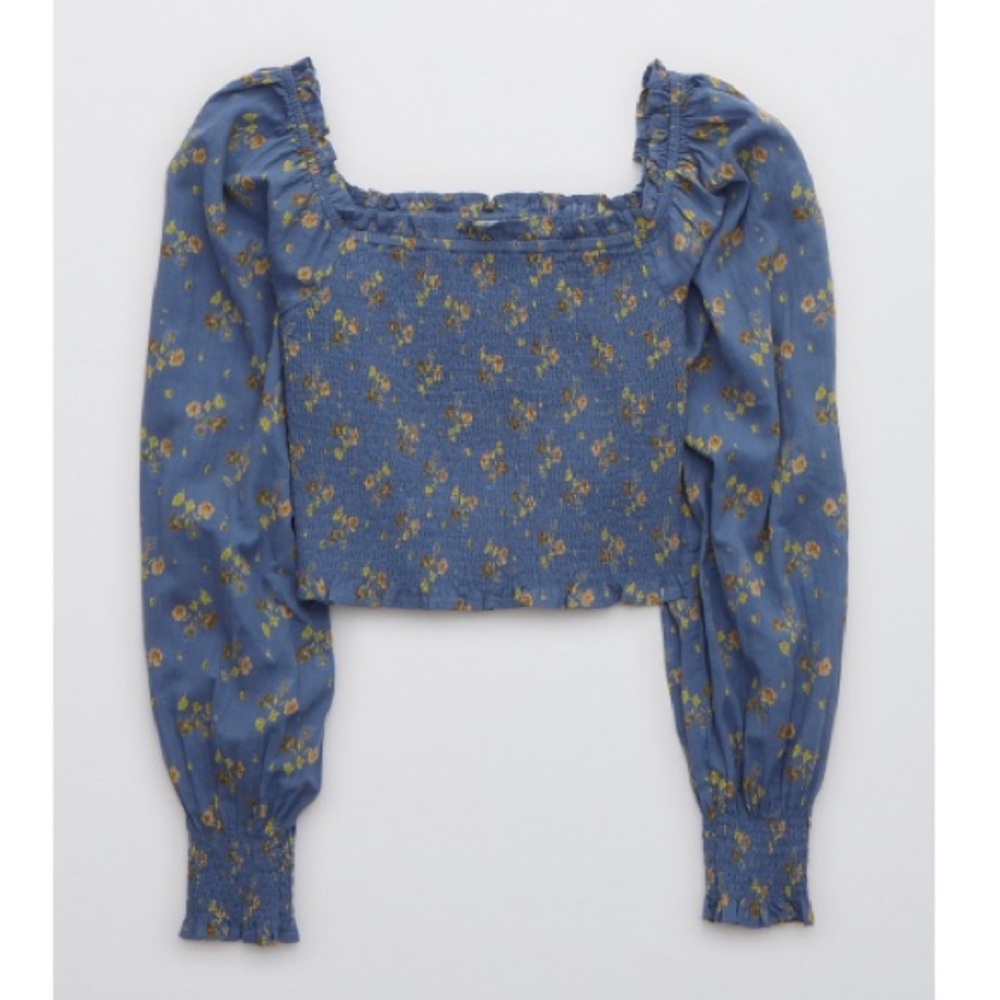 Aerie Long Sleeve Pretty Smocked Navy Floral Cropped Blouse